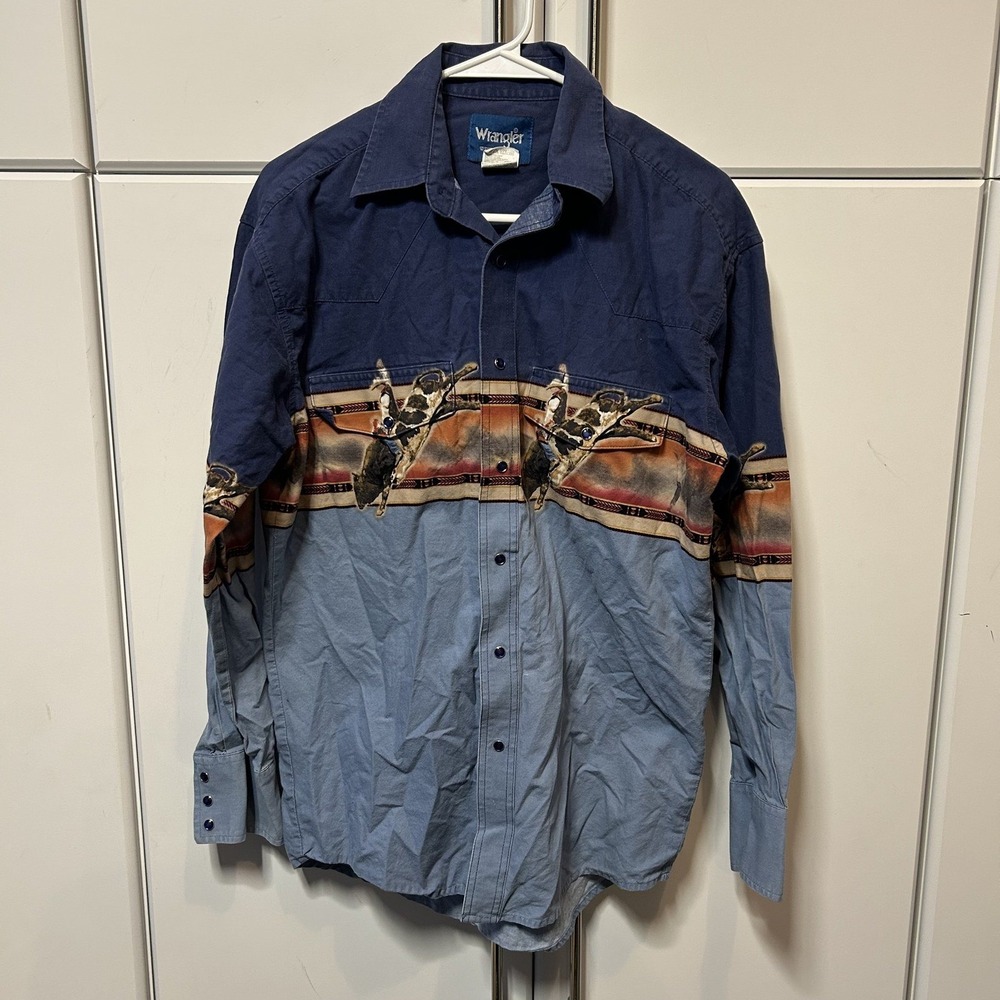 Wrangler Western Shirts Mens Medium Blue Bull Riding Rodeo Graphic Pearl Snap